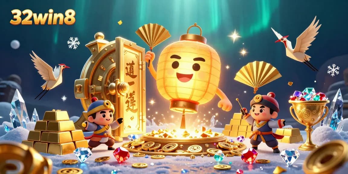 Experience the vibrant casino world of 32win8 with golden characters and rich treasures sparkling everywhere.