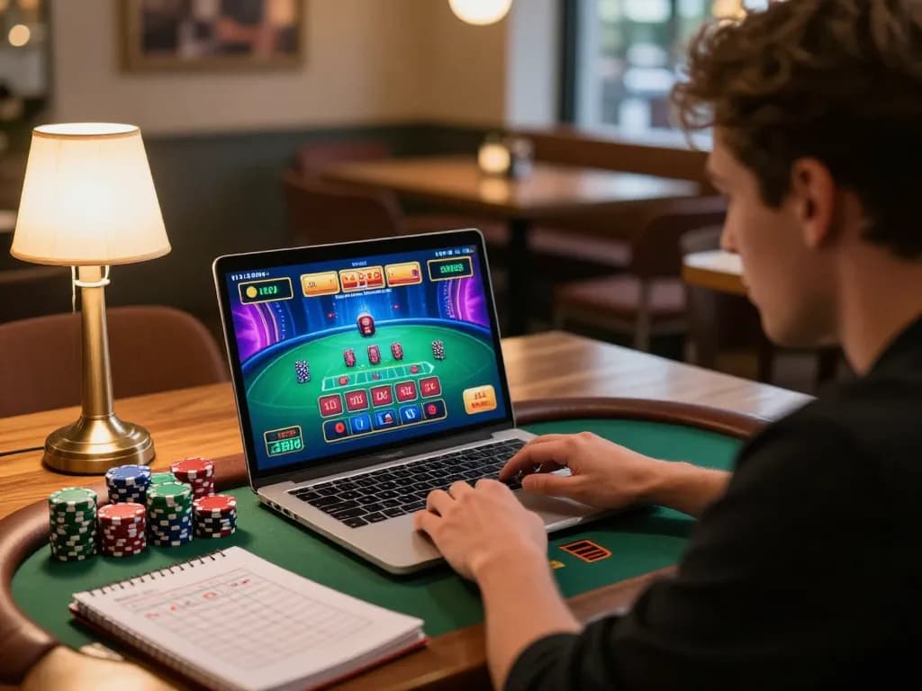 Player enjoys live dealer blackjack at home using kp88s, focused and strategizing with chips and notes.