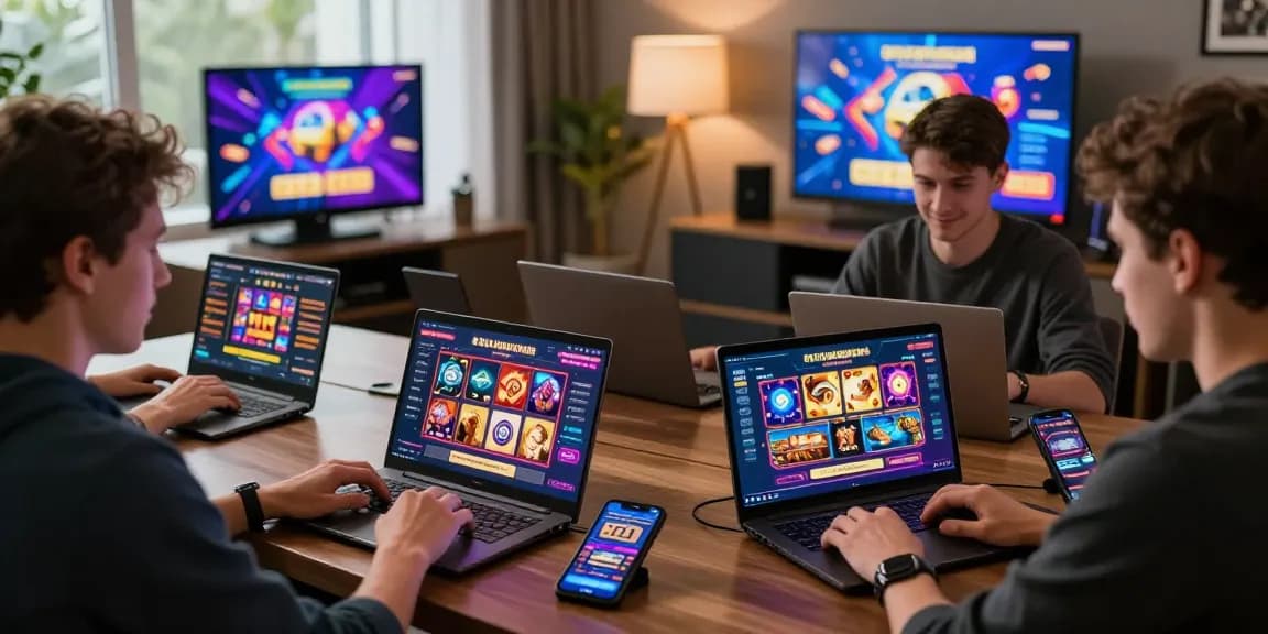 Engaged players exploring non UKGC casinos on laptops and mobile devices in a stylish setup.