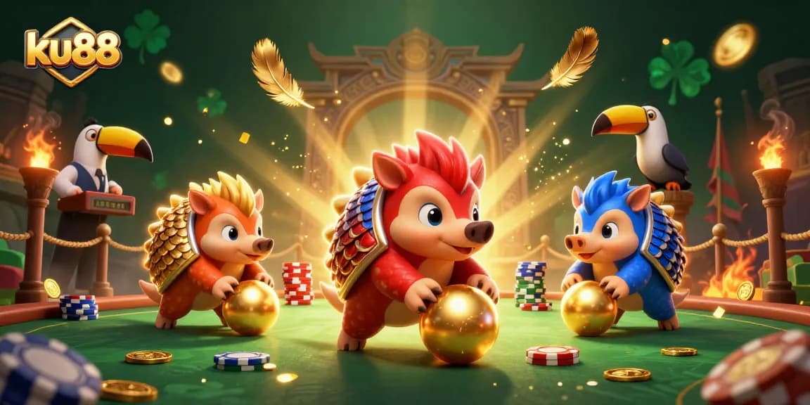 ku88 pangolins compete in a dynamic casino atmosphere with vibrant golden elements.
