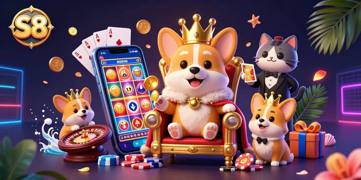 S8 engages players with luxury casino vibes featuring a royal corgi and golden cards.