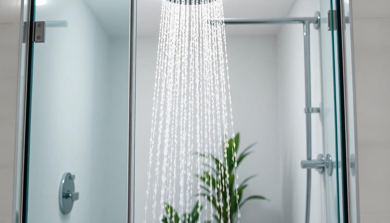 Elegant showers au elegantly designed in a modern bathroom, featuring sleek glass and rainfall fixtures.
