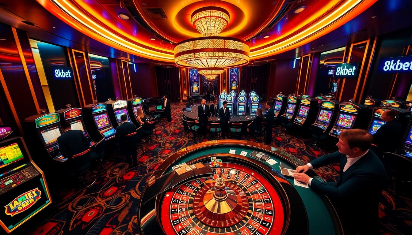 A thrilling scene at an 8kbet casino table, showcasing luxurious poker gameplay and vibrant slot machines.