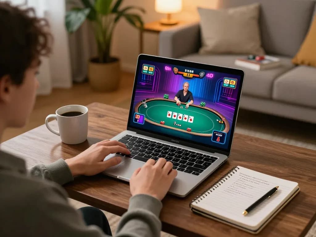 Engaged player exploring LOTO188 TRANG CHỦ with poker strategies in a cozy home setting