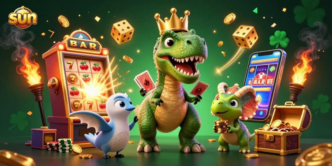 Sun-themed casino illustration featuring a T-Rex shuffling cards and massive slot machine elements.