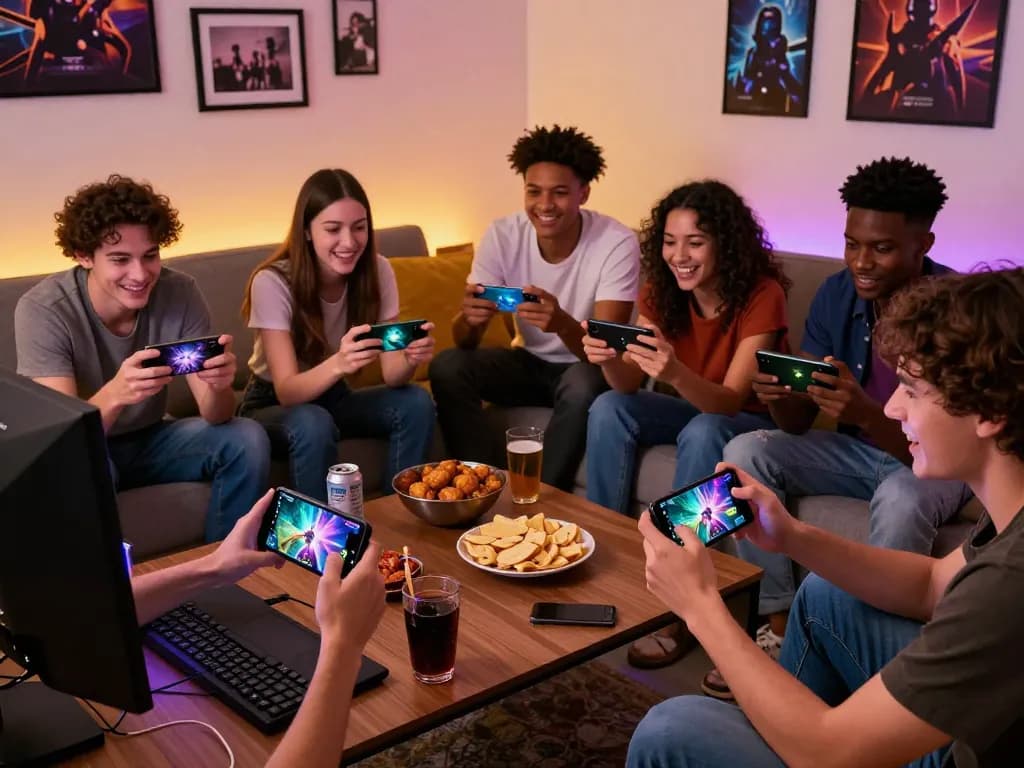 Friends playing a mobile porn game together in a cozy living room, showcasing vibrant gaming atmosphere.