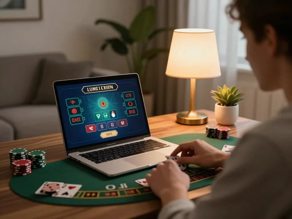 79king player enjoying live blackjack on laptop in a cozy gaming setup.