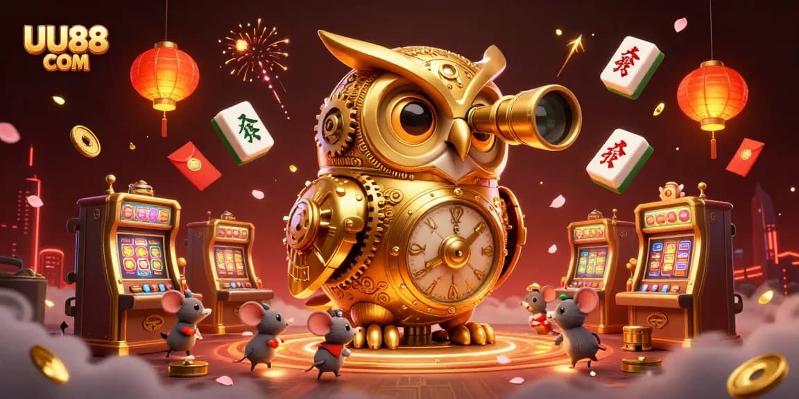 Experience excitement with UU88 COM at the casino, featuring a clockwork owl and animated elements.