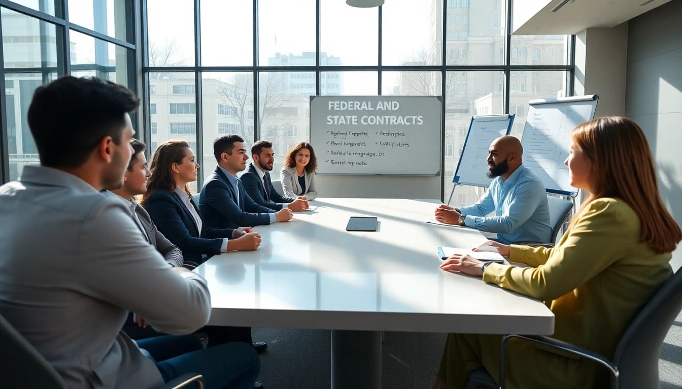 Collaborative discussion on Federal and State contracts in a modern office meeting.