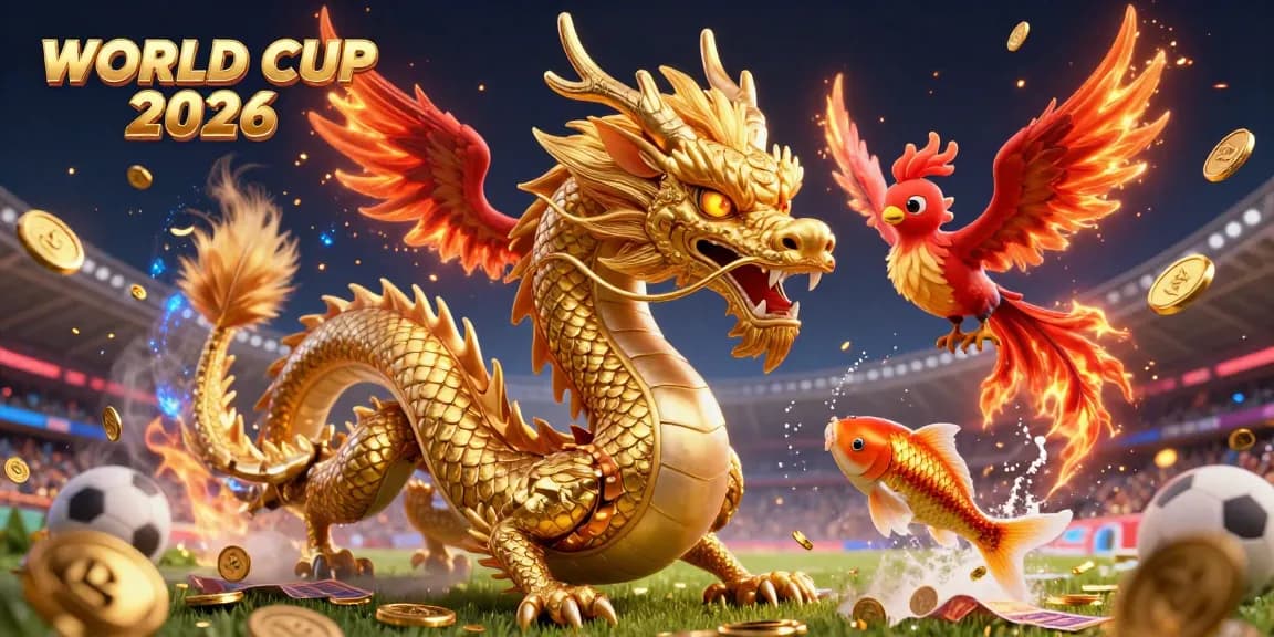 Engage in sports betting excitement with WORLD CUP 2026 in this vibrant illustration featuring a golden dragon, phoenix, and koi.