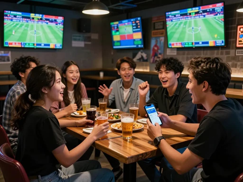 Friends engaging in live sports betting using keonhacai app at a lively sports bar.