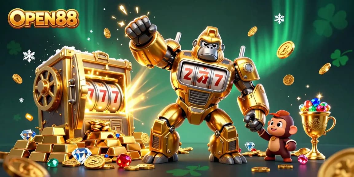 Spin to win at OPEN88 with a golden gorilla mech amidst treasure in a dazzling casino setting.