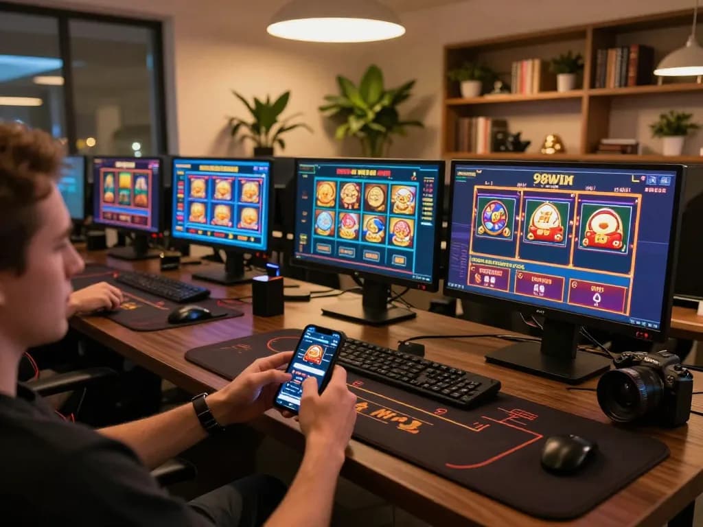Engaging online gaming scene with a player using the 98win app, surrounded by vibrant casino game interfaces