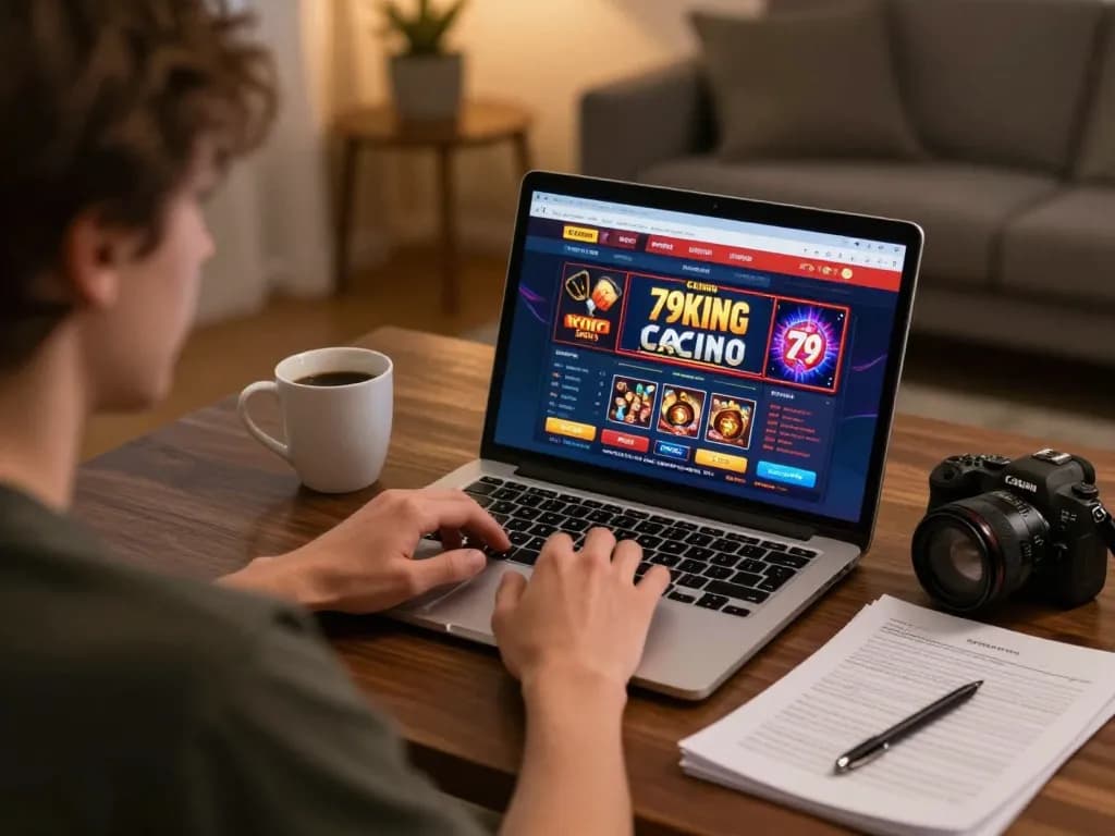 Engaging with the Trang chủ 79king online casino interface at home, highlighting responsible gambling strategies