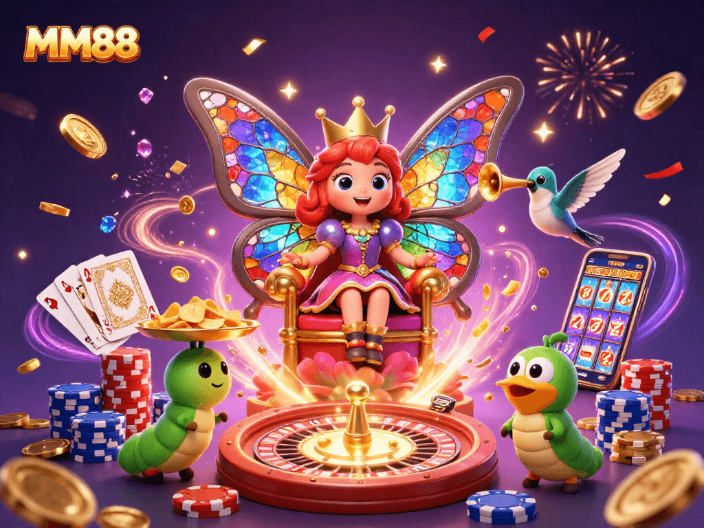 Join MM88's magical casino world with a vibrant butterfly queen, golden chips, and dazzling games.