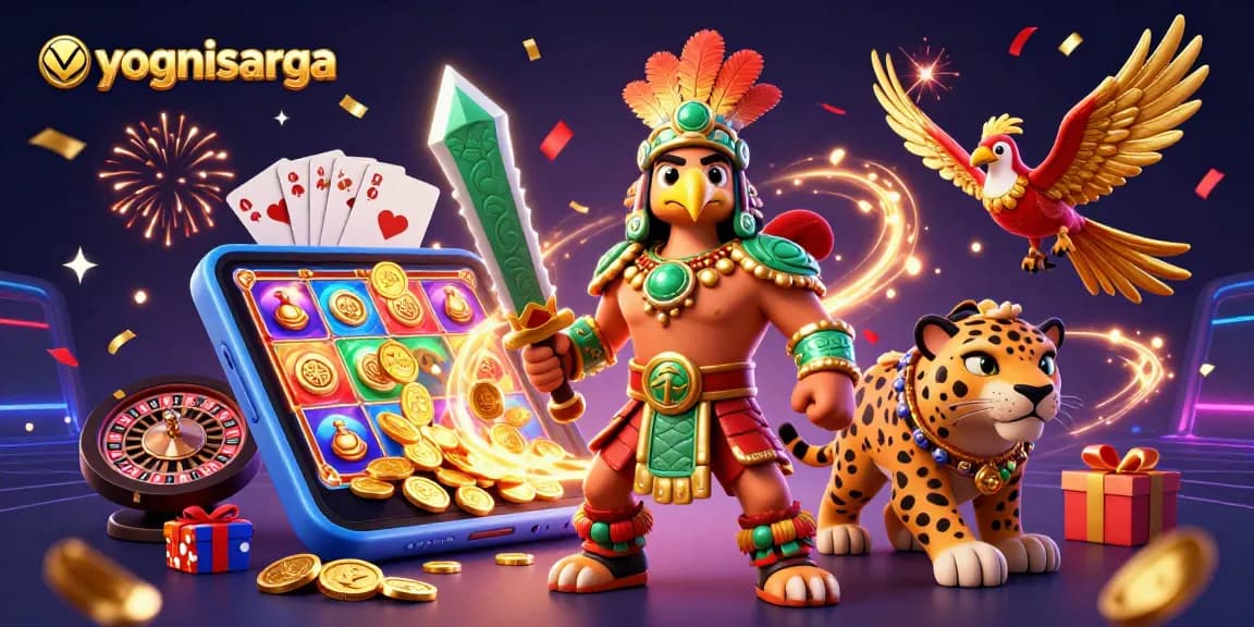 The yognisarga scene depicts Aztec warriors with dynamic gaming elements, showcasing excitement and wins.