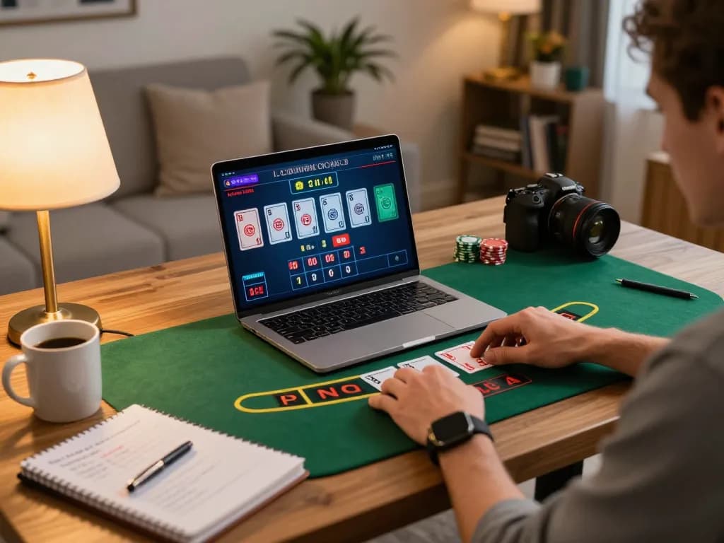 Player strategizing 789 blackjack game on laptop in cozy home environment while enjoying online gaming.