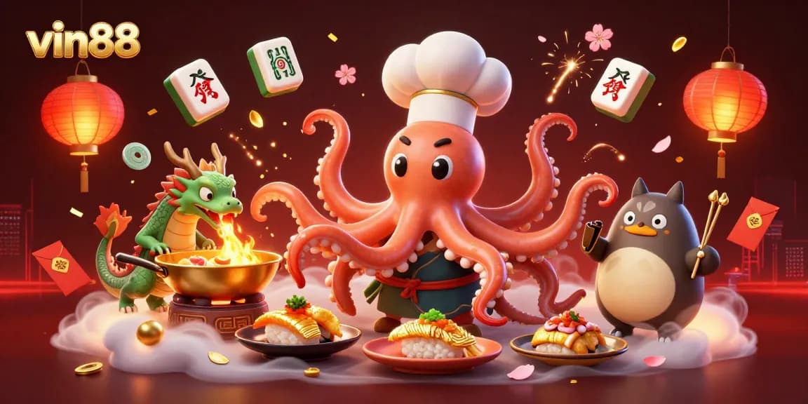 Play engaging casino games at vin88 with a dynamic festive scene featuring animated characters and vibrant elements.