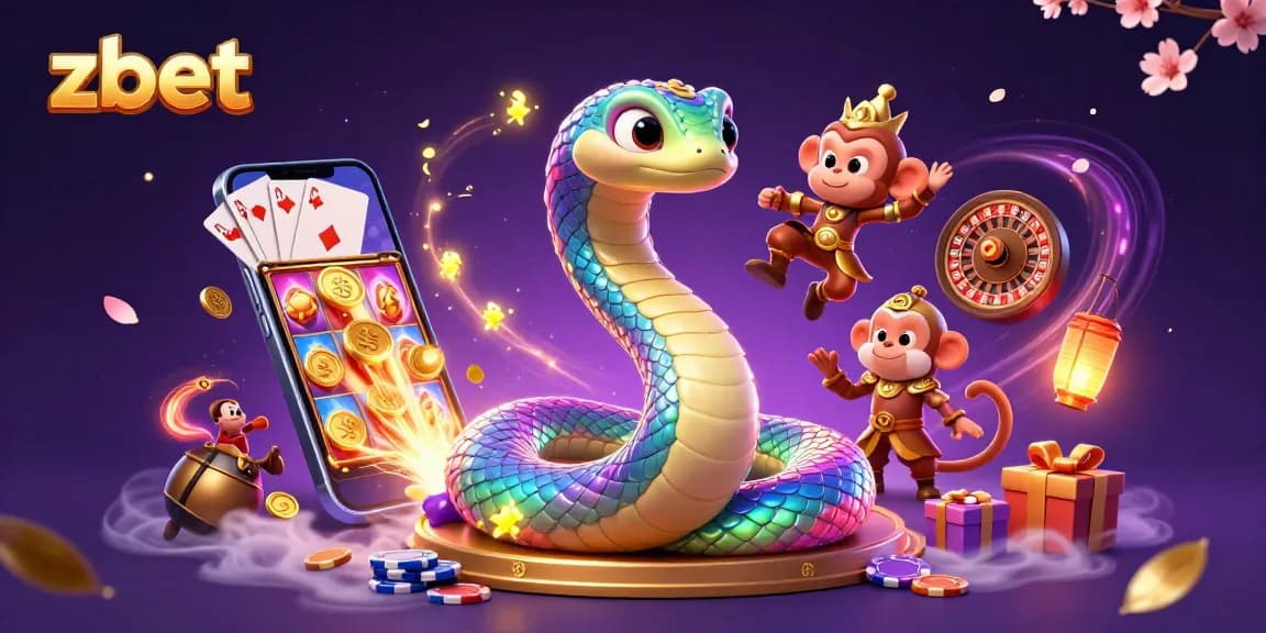 Zbet showcases an exciting online casino atmosphere with a colorful 3D illustration featuring a playful monkey king and a magical rainbow serpent.