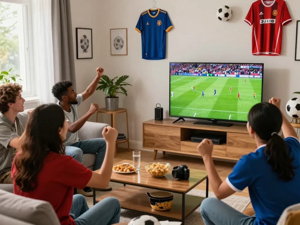 Cà Khịa TV fans enjoying a live football match in a vibrant living room atmosphere.