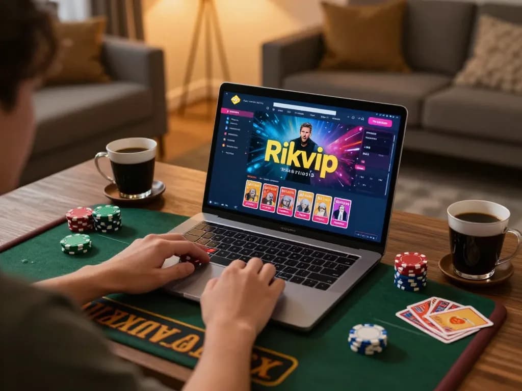 Engaged player using rikvip online gaming interface at home with vibrant atmosphere