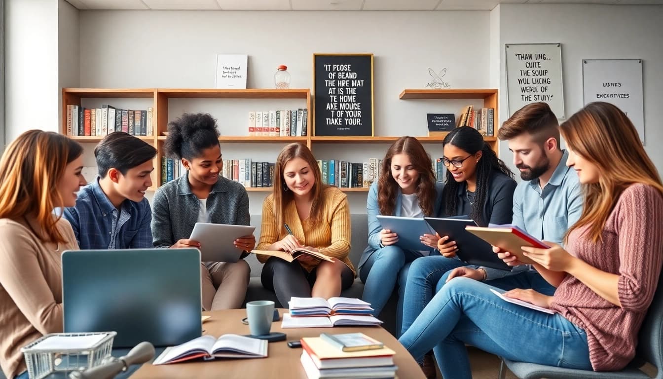 Expert TOEFL test takers for hire collaborating in a bright office environment.