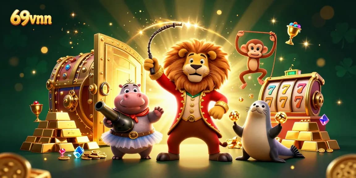 Experience the excitement of 69vnn with our vibrant 3D casino scene featuring whimsical characters.