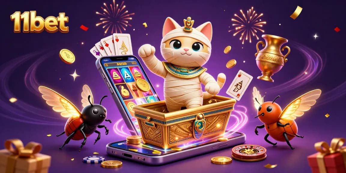 11bet's Egyptian mummy cat symbolizes thrilling casino adventures with vibrant slot games and exciting energy.