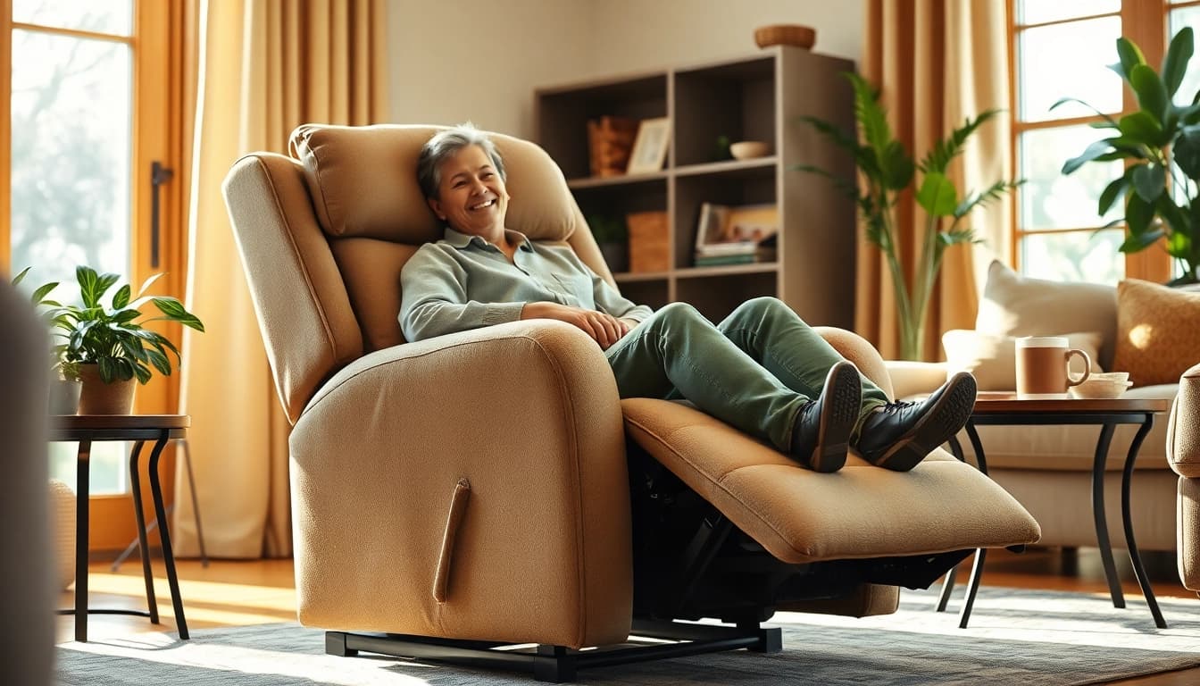 Relaxing on a lift chair recliner in a cozy living room with warm decor.