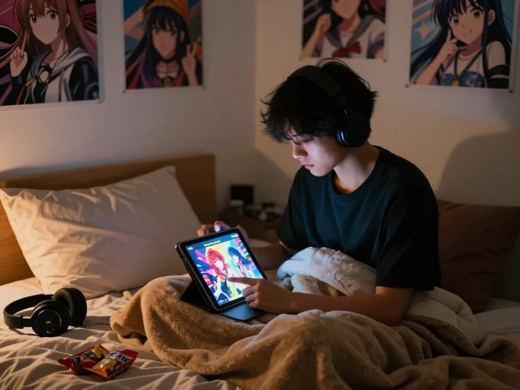 Engaged player enjoying a hentai game on a cozy bed with ambient lighting.