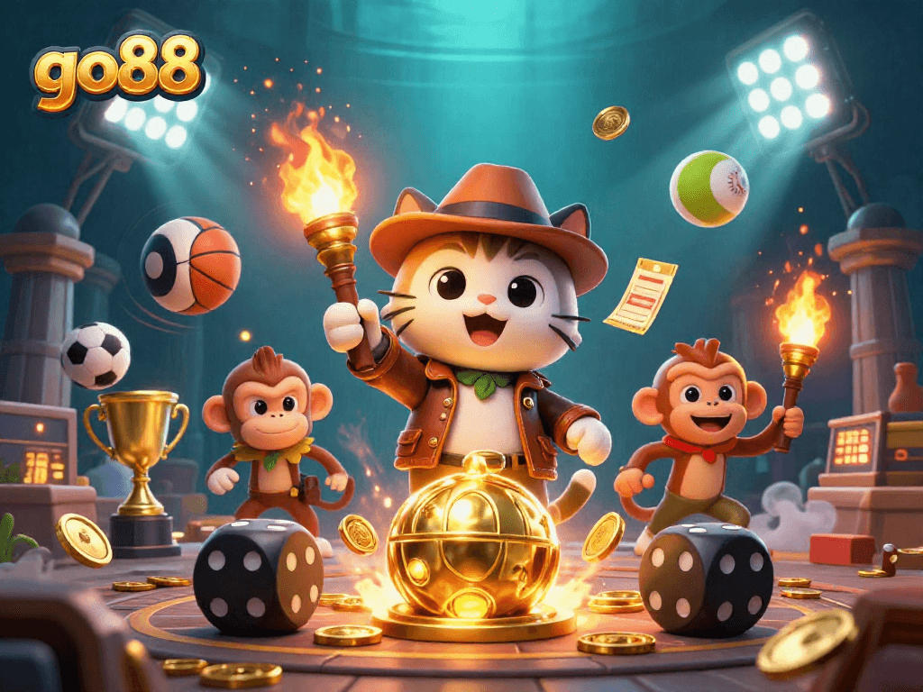 Engage with go88's adventure as a cat archaeologist discovers treasures in a casino-themed temple.