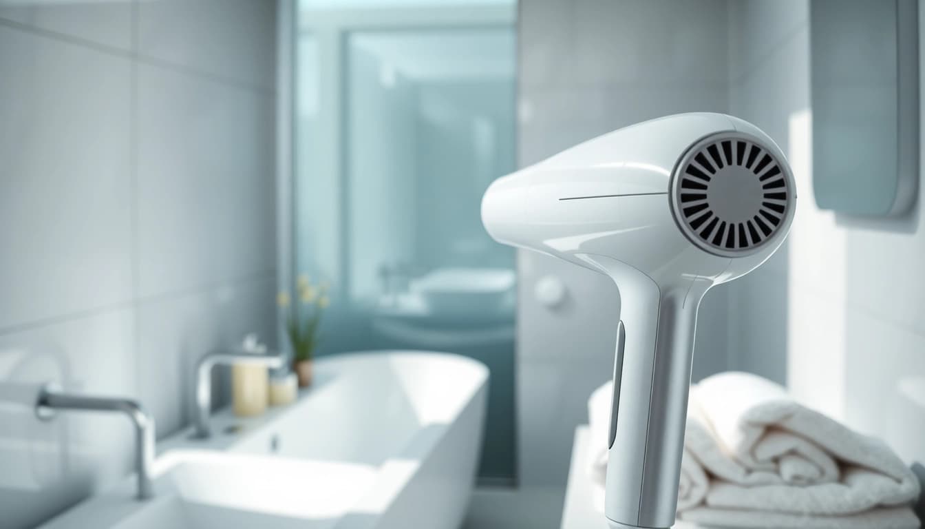 Styling with an ionic blow dryer showcasing sleek design and shiny finish in a modern setting.