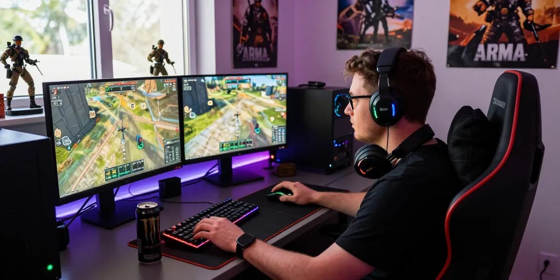 Intense gaming scene featuring ArmA 3 Cheats gameplay with engaged player and RGB-lit setup.