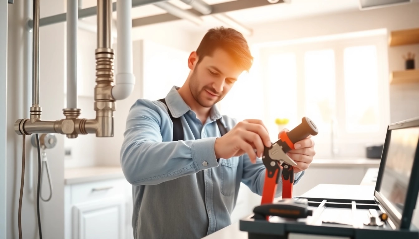 Professional plumber near me working on kitchen plumbing installation, showcasing skill and craftsmanship.