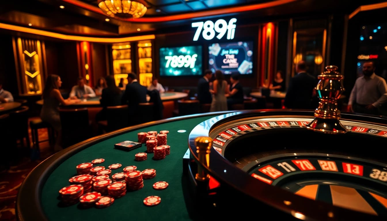 Engaging poker game at a luxurious casino with 789f branding visible, featuring vibrant chips and cards.