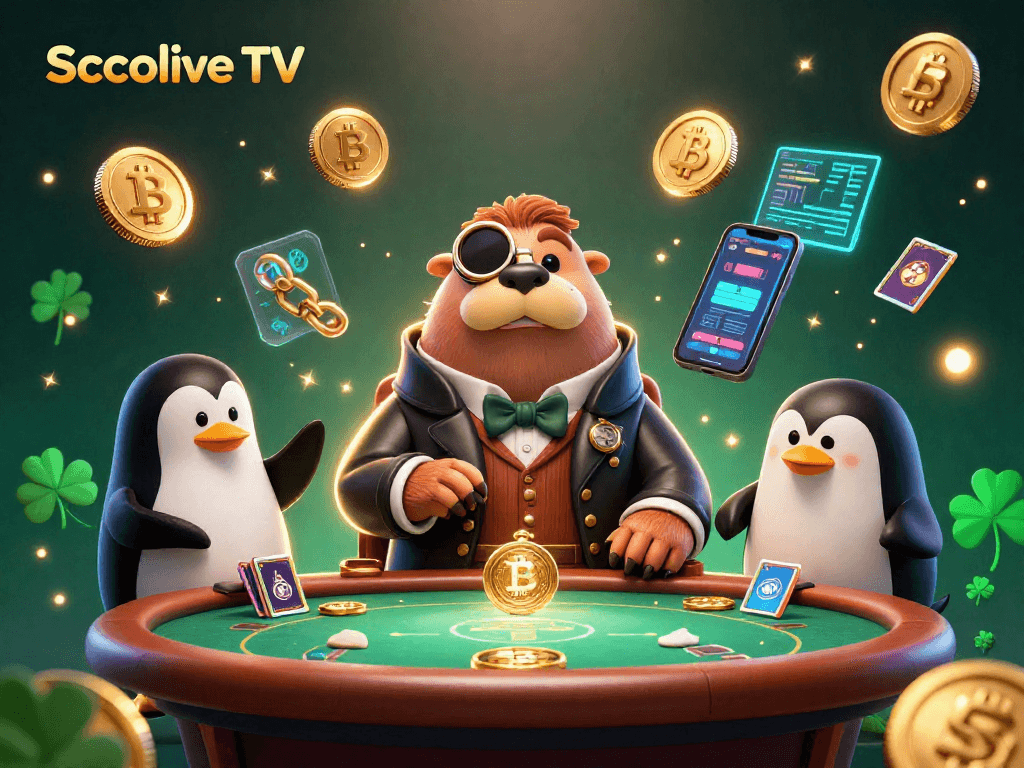 Socolive TV features a jolly walrus and friends at an underwater poker table, surrounded by vibrant cryptocurrency elements.