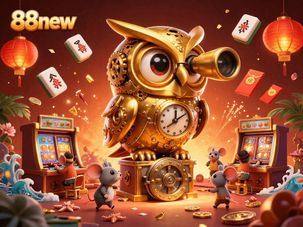 Engage in exciting gameplay with 88new's vibrant casino featuring a 3D golden owl and animated elements.