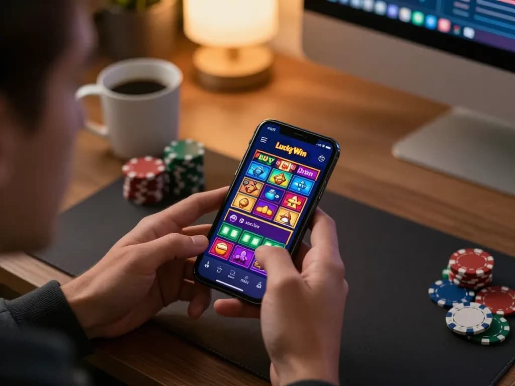 Engaging with the LuckyWin app for online gambling on a smartphone, portraying strategic gameplay.