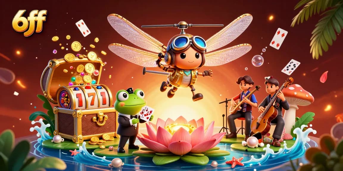 Engage with the vibrant world of 6ff as a dragonfly pilot hovers over a lively lily pad casino.