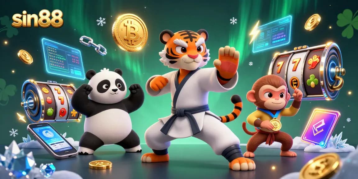 Engage in thrilling action with sin88 while exploring vibrant slot games, featuring a kung fu tiger, panda, and monkey.