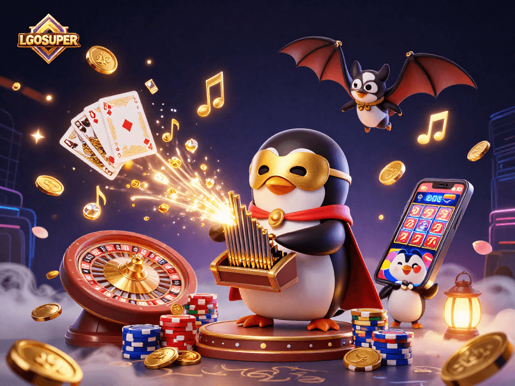 Experience gaming magic at LGOSUPER with a vibrant 3D scene showcasing thrilling casino elements.