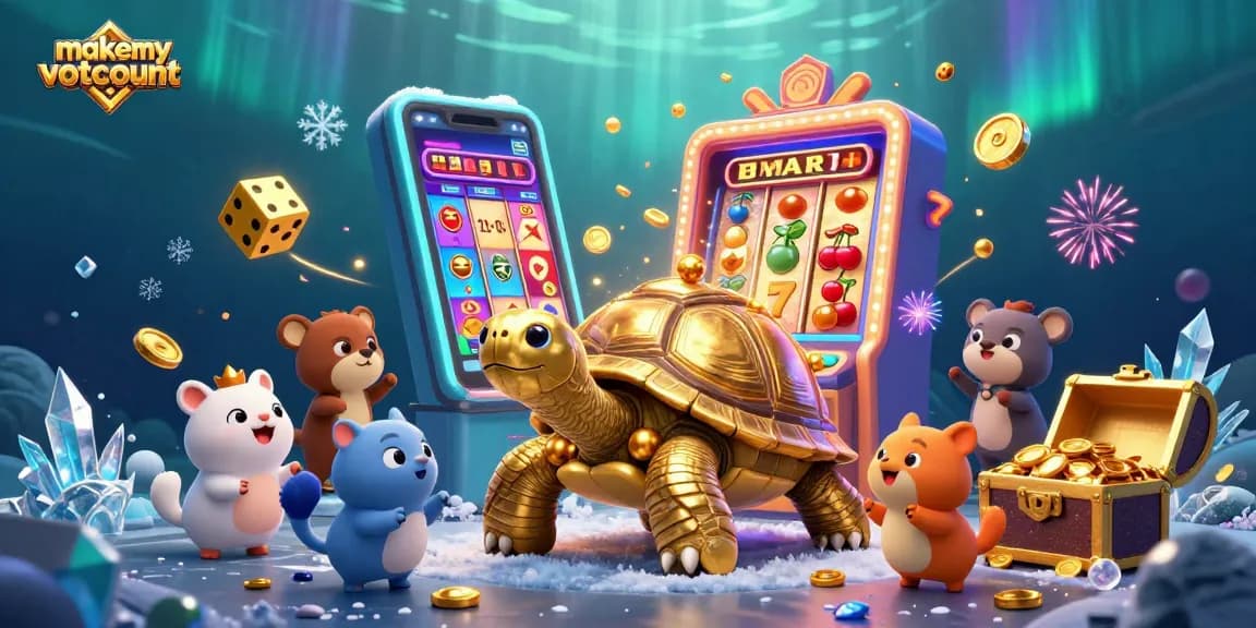 Play exciting casino games at makemyvotecount with a vibrant scene of a golden tortoise and joyful animals.