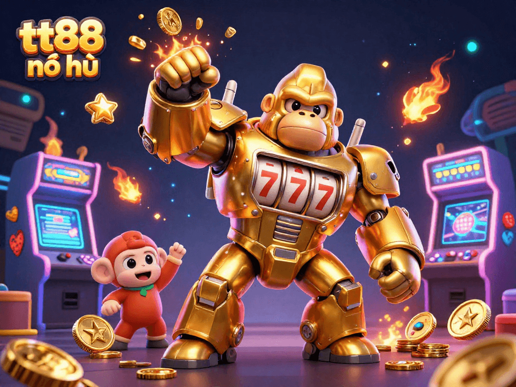 Engage in thrilling gameplay with tt88 nổ hũ, featuring a striking 3D golden gorilla mech and vibrant casino elements.