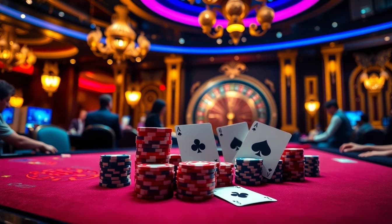 Experience high-stakes poker at say88's luxurious casino tables, featuring vibrant chips and cards.