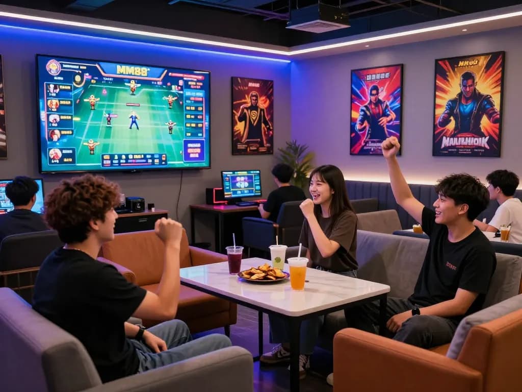 Friends celebrating at MM88 đăng nhập lounge, showcasing vibrant gaming atmosphere.