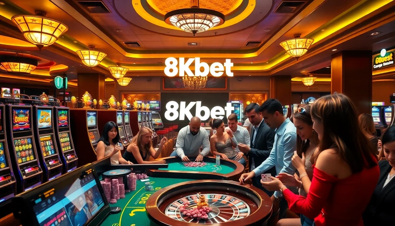 Players actively engaging in games at a luxurious casino, embodying the excitement of 8kbet betting.