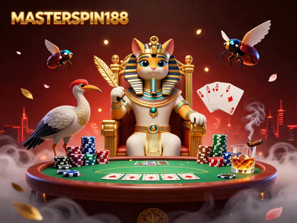 Play on MASTERSPIN188's dynamic casino scene featuring colorful poker elements and characters.