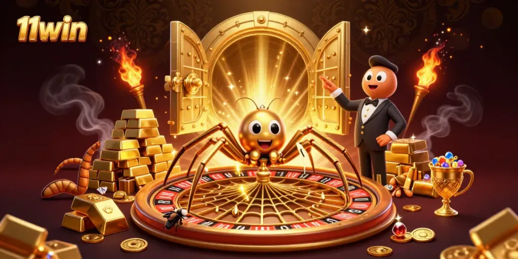 Engaging scene of 11win featuring a golden spider and croupier at a roulette web, surrounded by treasure.