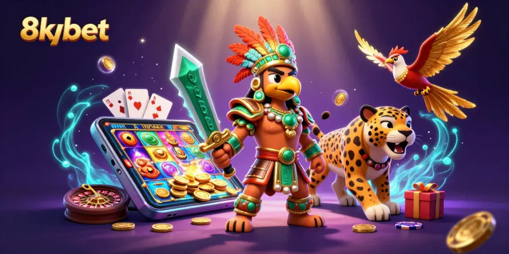 Experience the thrill of 8xbet with vibrant slot games and Aztec warriors in an exciting casino illustration.