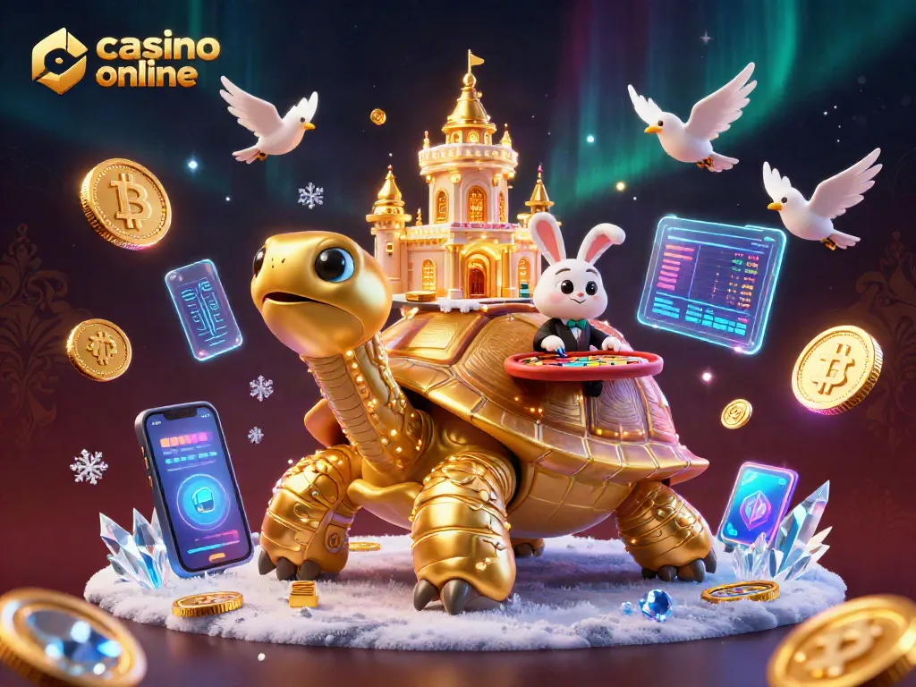 Juega en un casino online con la tortuga dorada y el crupier en este vibrante arte digital.